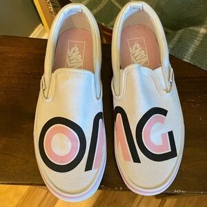 Vans slip on OMG print and true white size 7